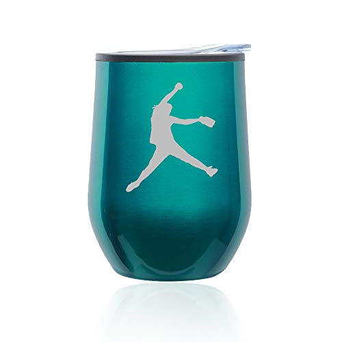 Stemless Wine Tumbler Coffee Travel Mug Glass With Lid Female Softball Pitcher (Turquoise Teal)
