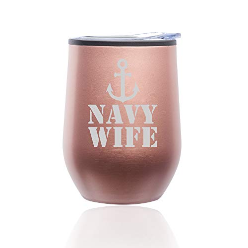 Stemless Wine Tumbler Coffee Travel Mug Glass With Lid Navy Wife (Rose Gold)