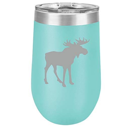 16 oz Double Wall Vacuum Insulated Stainless Steel Stemless Wine Tumbler Glass Coffee Travel Mug With Lid Moose (Teal)