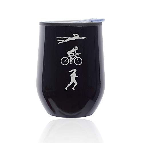 Stemless Wine Tumbler Coffee Travel Mug Glass With Lid Female Triathlon Swim Bike Run (Midnight Black)