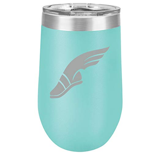 16 oz Double Wall Vacuum Insulated Stainless Steel Stemless Wine Tumbler Glass Coffee Travel Mug With Lid Track & Field Wing Shoe (Teal)