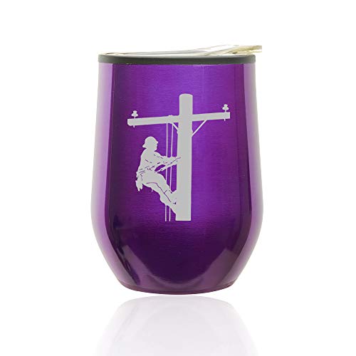 Stemless Wine Tumbler Coffee Travel Mug Glass With Lid Lineman Electric Pole Climber (Royal Purple)