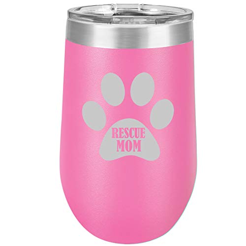 16 oz Double Wall Vacuum Insulated Stainless Steel Stemless Wine Tumbler Glass Coffee Travel Mug With Lid Paw Print Rescue Mom (Hot Pink)