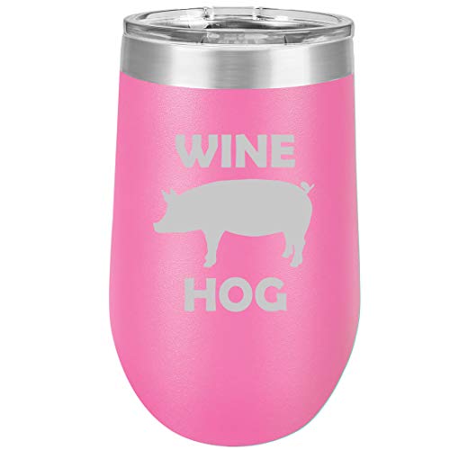 16 oz Double Wall Vacuum Insulated Stainless Steel Stemless Wine Tumbler Glass Coffee Travel Mug With Lid Wine Hog Pig Funny (Hot Pink)