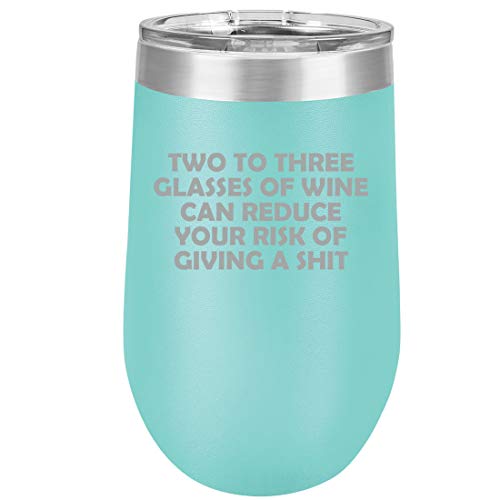 16 oz Double Wall Vacuum Insulated Stainless Steel Stemless Wine Tumbler Glass Coffee Travel Mug With Lid Two To Three Glasses Of Wine Can Reduce Risk Funny (Teal)