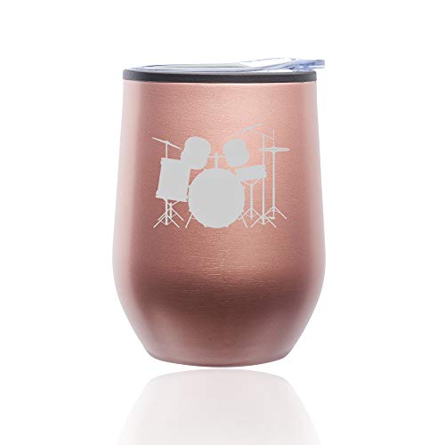 Stemless Wine Tumbler Coffee Travel Mug Glass With Lid Drum Set (Rose Gold)