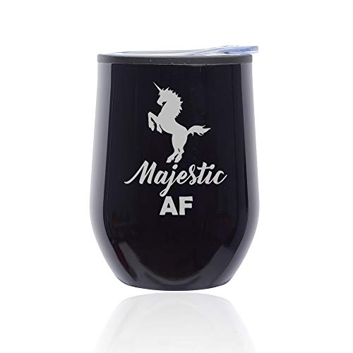 Stemless Wine Tumbler Coffee Travel Mug Glass With Lid Majestic AF Unicorn (Midnight Black)