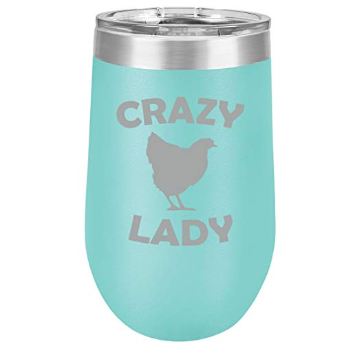 16 oz Double Wall Vacuum Insulated Stainless Steel Stemless Wine Tumbler Glass Coffee Travel Mug With Lid Crazy Chicken Lady (Teal)