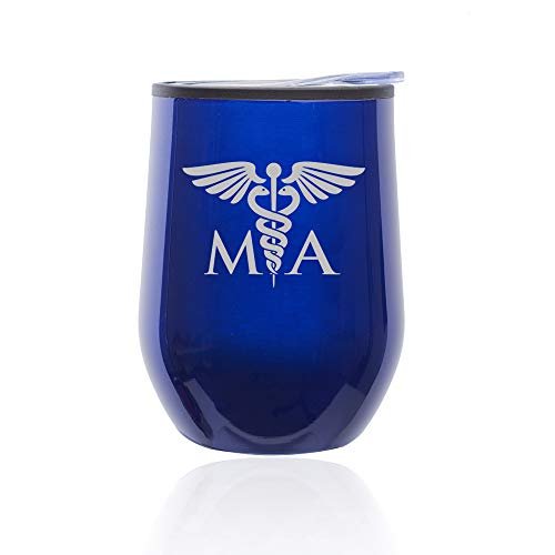 Stemless Wine Tumbler Coffee Travel Mug Glass With Lid MA Medical Assistant (Blue)