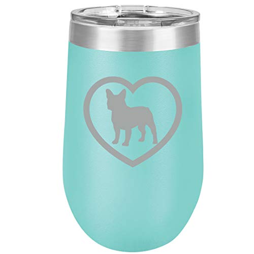 16 oz Double Wall Vacuum Insulated Stainless Steel Stemless Wine Tumbler Glass Coffee Travel Mug With Lid French Bulldog Heart (Teal)