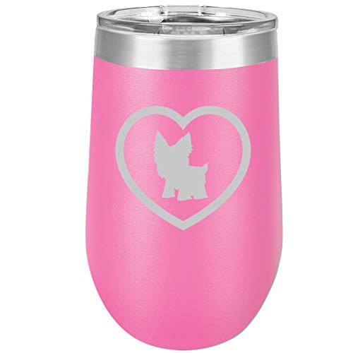 16 oz Double Wall Vacuum Insulated Stainless Steel Stemless Wine Tumbler Glass Coffee Travel Mug With Lid Yorkie Heart (Hot Pink)