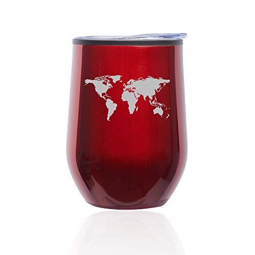 Stemless Wine Tumbler Coffee Travel Mug Glass With Lid World Map (Red)
