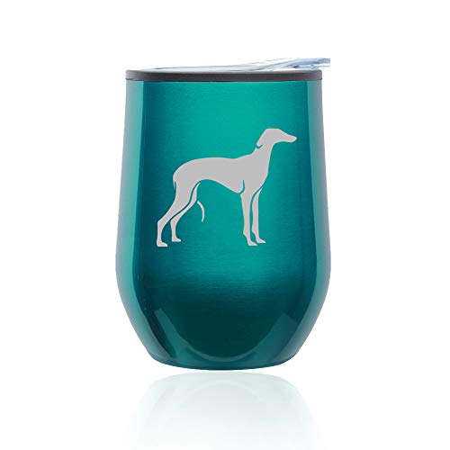 Stemless Wine Tumbler Coffee Travel Mug Glass With Lid Greyhound (Turquoise Teal)