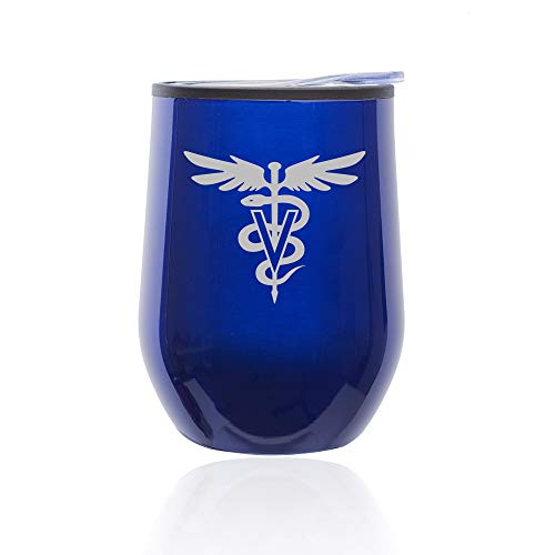 Stemless Wine Tumbler Coffee Travel Mug Glass With Lid Vet Vetinarian Symbol (Blue)
