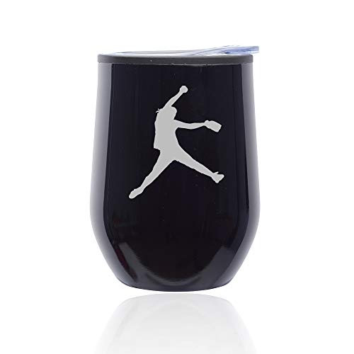 Stemless Wine Tumbler Coffee Travel Mug Glass With Lid Female Softball Pitcher (Midnight Black)