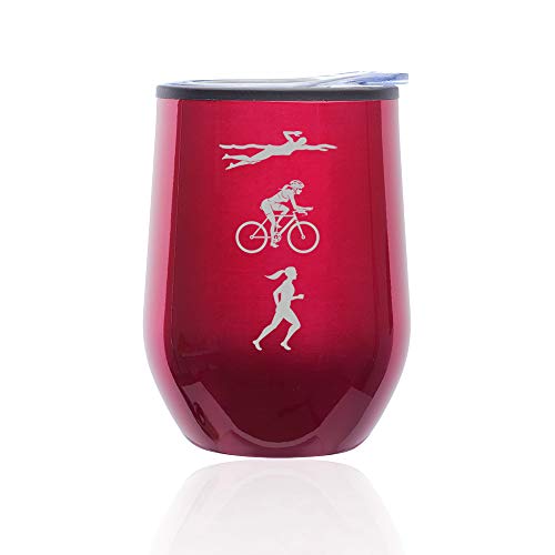 Stemless Wine Tumbler Coffee Travel Mug Glass With Lid Female Triathlon Swim Bike Run (Fuchsia)