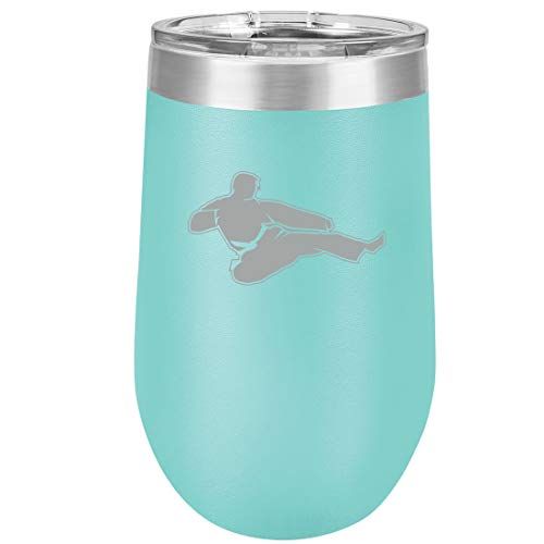 16 oz Double Wall Vacuum Insulated Stainless Steel Stemless Wine Tumbler Glass Coffee Travel Mug With Lid Jump Kick Martial Arts (Teal)