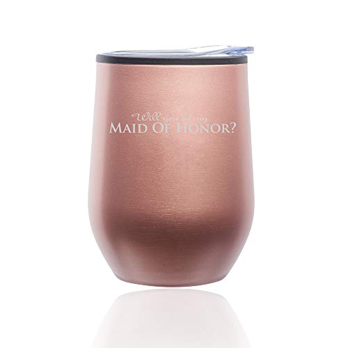 Stemless Wine Tumbler Coffee Travel Mug Glass With Lid Will You Be My Maid Of Honor (Rose Gold)
