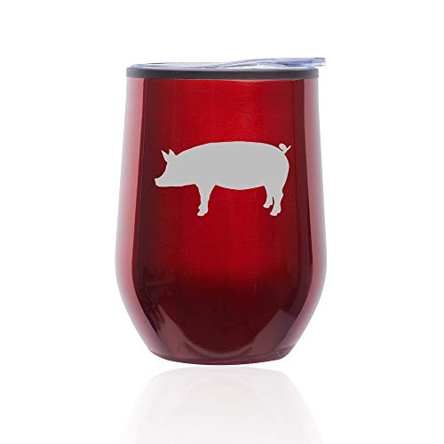 Stemless Wine Tumbler Coffee Travel Mug Glass With Lid Pig (Red)