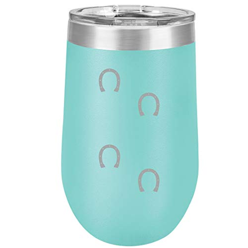 16 oz Double Wall Vacuum Insulated Stainless Steel Stemless Wine Tumbler Glass Coffee Travel Mug With Lid Horse Shoe Tracks (Teal)
