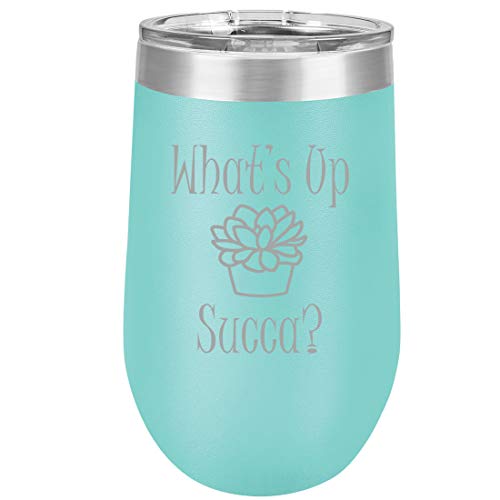 16 oz Double Wall Vacuum Insulated Stainless Steel Stemless Wine Tumbler Glass Coffee Travel Mug With Lid What's Up Succa Funny Cactus Succulent (Teal)