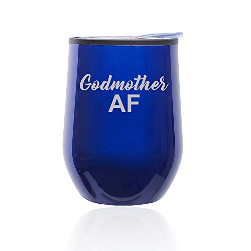 Stemless Wine Tumbler Coffee Travel Mug Glass With Lid Godmother AF Best Friend Sister Gift (Blue)