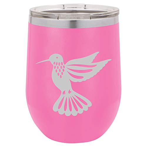 12 oz Double Wall Vacuum Insulated Stainless Steel Stemless Wine Tumbler Glass Coffee Travel Mug With Lid Hummingbird (Hot-Pink)