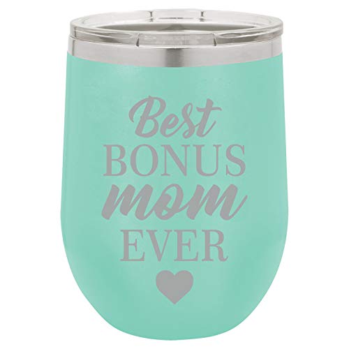 12 oz Double Wall Vacuum Insulated Stainless Steel Stemless Wine Tumbler Glass Coffee Travel Mug With Lid Best Bonus Mom Ever Step Mom Mother (Teal)