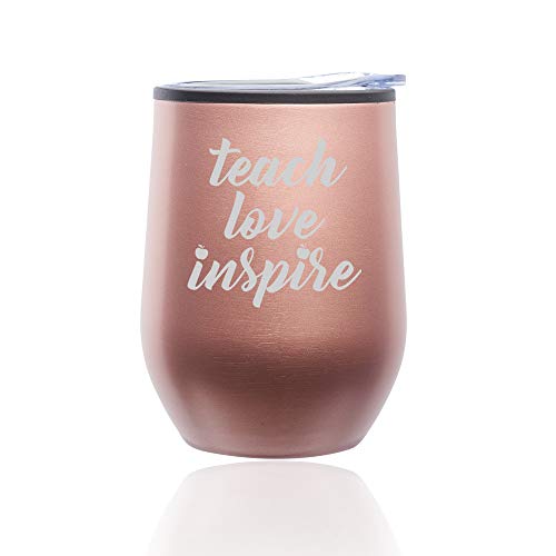 Stemless Wine Tumbler Coffee Travel Mug Glass With Lid Teach Love Inspire Teacher (Rose Gold)