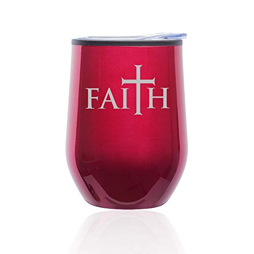 Stemless Wine Tumbler Coffee Travel Mug Glass With Lid Faith Cross (Fuchsia)