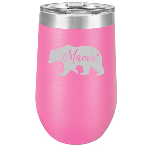 16 oz Double Wall Vacuum Insulated Stainless Steel Stemless Wine Tumbler Glass Coffee Travel Mug With Lid Mama Bear Mom Mother (Hot Pink)