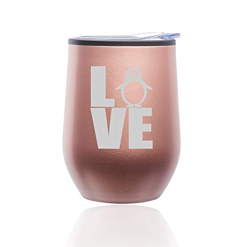 Stemless Wine Tumbler Coffee Travel Mug Glass With Lid Love Penguin (Rose Gold)