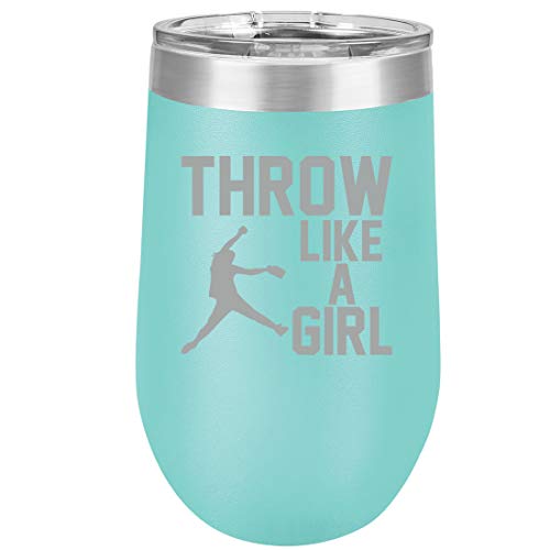 16 oz Double Wall Vacuum Insulated Stainless Steel Stemless Wine Tumbler Glass Coffee Travel Mug With Lid Throw Like A Girl Softball (Teal)