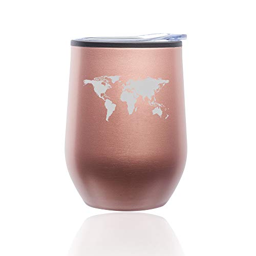 Stemless Wine Tumbler Coffee Travel Mug Glass With Lid World Map (Rose Gold)