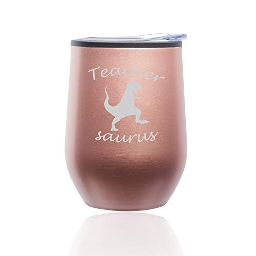 Stemless Wine Tumbler Coffee Travel Mug Glass With Lid Teacher Saurus Funny T-Rex (Rose Gold)