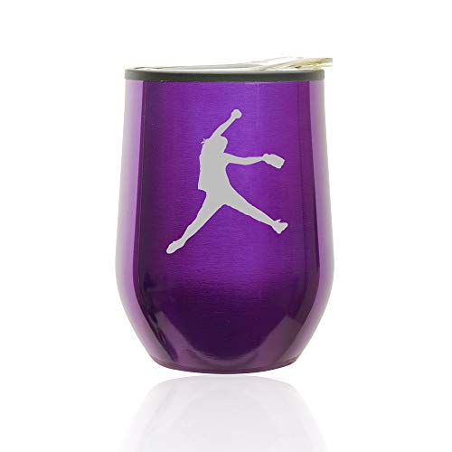 Stemless Wine Tumbler Coffee Travel Mug Glass With Lid Female Softball Pitcher (Royal Purple)