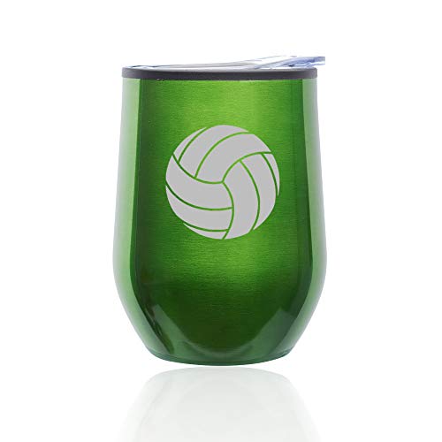 Stemless Wine Tumbler Coffee Travel Mug Glass With Lid Volleyball (Green)