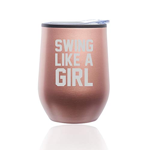 Stemless Wine Tumbler Coffee Travel Mug Glass With Lid Swing Like A Girl Golf Softball Kettlebell (Rose Gold)