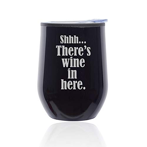 Stemless Wine Tumbler Coffee Travel Mug Glass With Lid Shhh There's Wine In Here (Midnight Black)