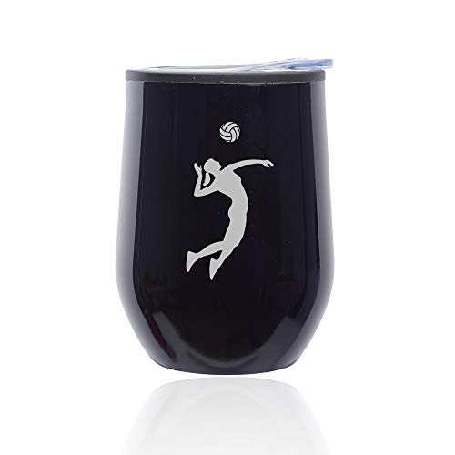 Stemless Wine Tumbler Coffee Travel Mug Glass With Lid Female Volleyball Player (Midnight Black)
