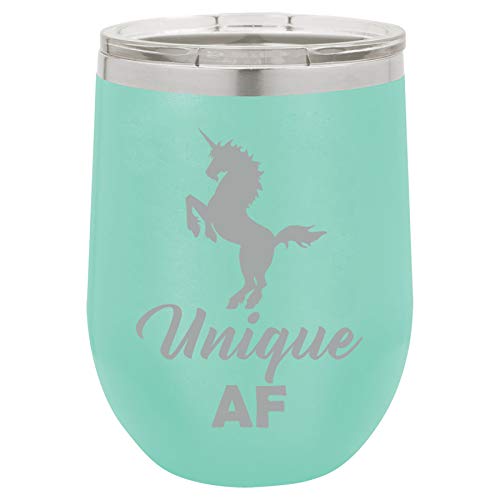 12 oz Double Wall Vacuum Insulated Stainless Steel Stemless Wine Tumbler Glass Coffee Travel Mug With Lid Unique AF Unicorn (Teal)