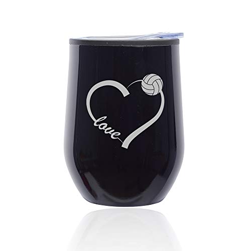 Stemless Wine Tumbler Coffee Travel Mug Glass With Lid Love Heart Volleyball (Midnight Black)