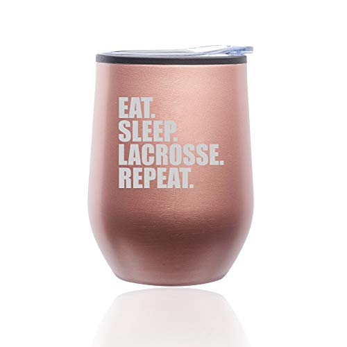 Stemless Wine Tumbler Coffee Travel Mug Glass With Lid Eat Sleep Lacrosse Repeat (Rose Gold)
