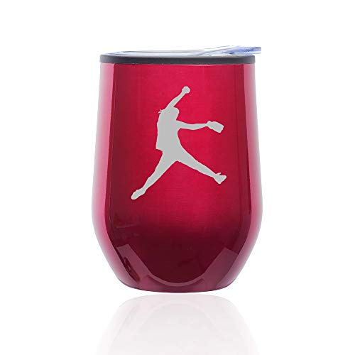 Stemless Wine Tumbler Coffee Travel Mug Glass With Lid Female Softball Pitcher (Fuchsia)