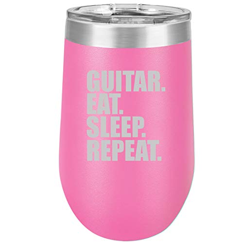 16 oz Double Wall Vacuum Insulated Stainless Steel Stemless Wine Tumbler Glass Coffee Travel Mug With Lid Guitar Eat Sleep Repeat (Hot Pink)