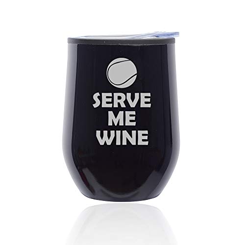 Stemless Wine Tumbler Coffee Travel Mug Glass With Lid Tennis Serve Me Wine (Midnight Black)