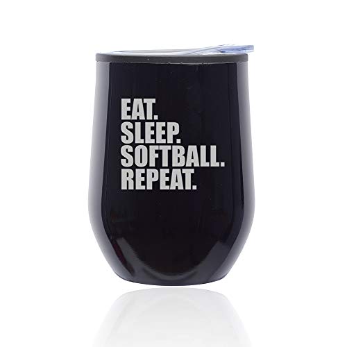 Stemless Wine Tumbler Coffee Travel Mug Glass With Lid Eat Sleep Softball Repeat (Midnight Black)