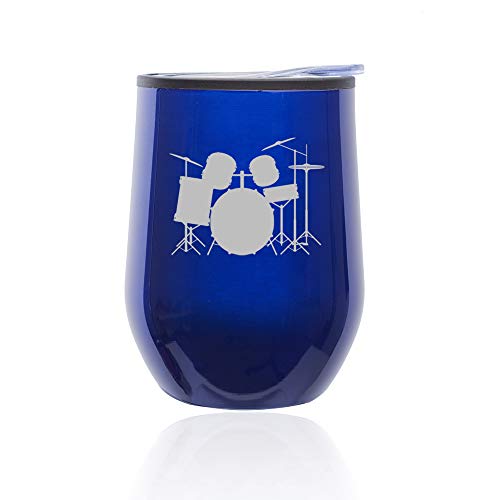 Stemless Wine Tumbler Coffee Travel Mug Glass With Lid Drum Set (Blue)