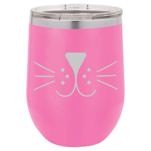 12 oz Double Wall Vacuum Insulated Stainless Steel Stemless Wine Tumbler Glass Coffee Travel Mug With Lid Cat Face Whiskers (Hot-Pink)
