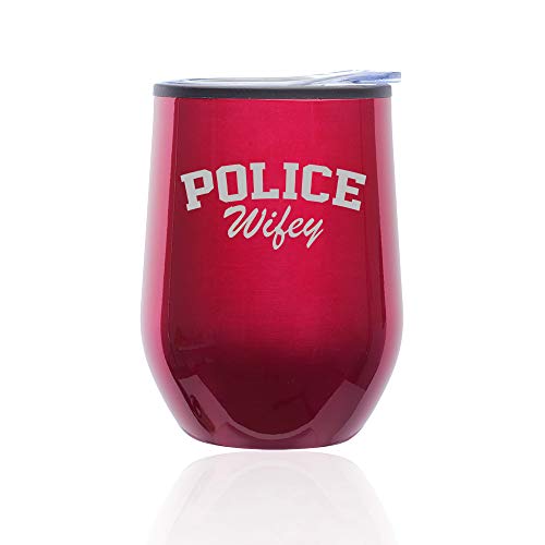 Stemless Wine Tumbler Coffee Travel Mug Glass With Lid Police Wifey (Fuchsia)